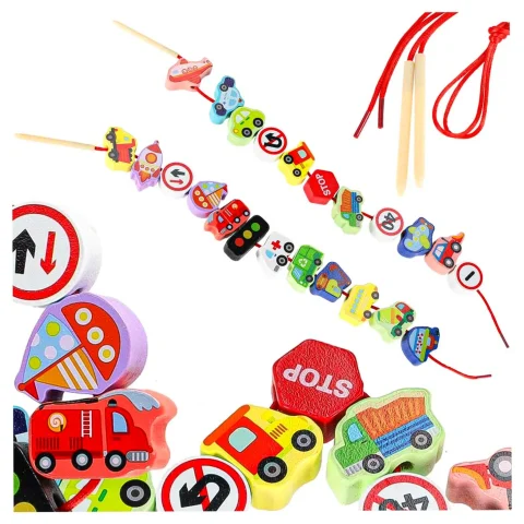 Klocki drewniane do nawlekania pojazdy znaki drogowe