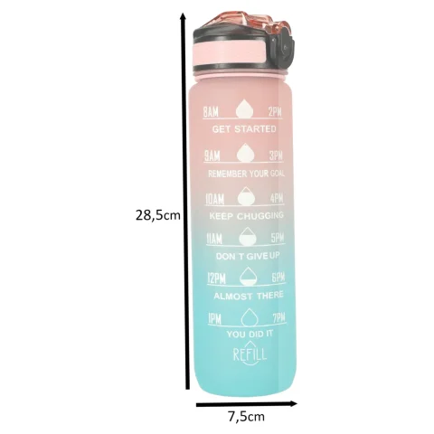 Butelka na wodę bidon ze słomką uchwytem miarką motywacyjną na siłownię BPA free Tritan 1l róż błękit