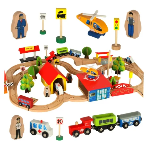 Kolejka drewniana pociąg lokomotywa miasto 69 elementów