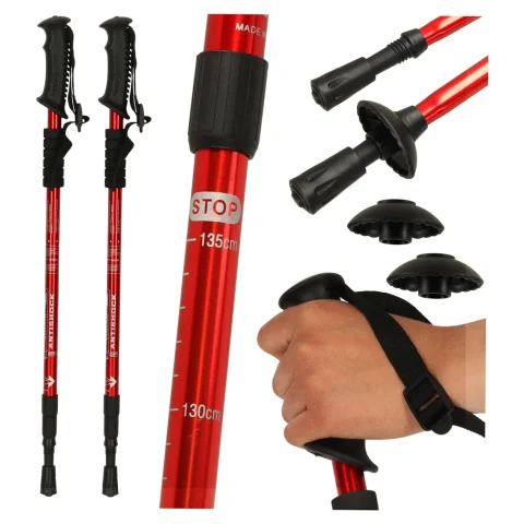 Kijki kije trekkingowe składane spacerowe do chodzenia nakładki 2 sztuki czerwone