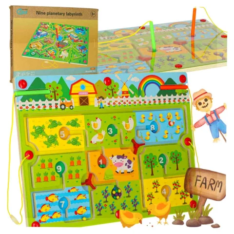 Gra labirynt magnetyczna planszowa drewniana do podróży farma 2 graczy