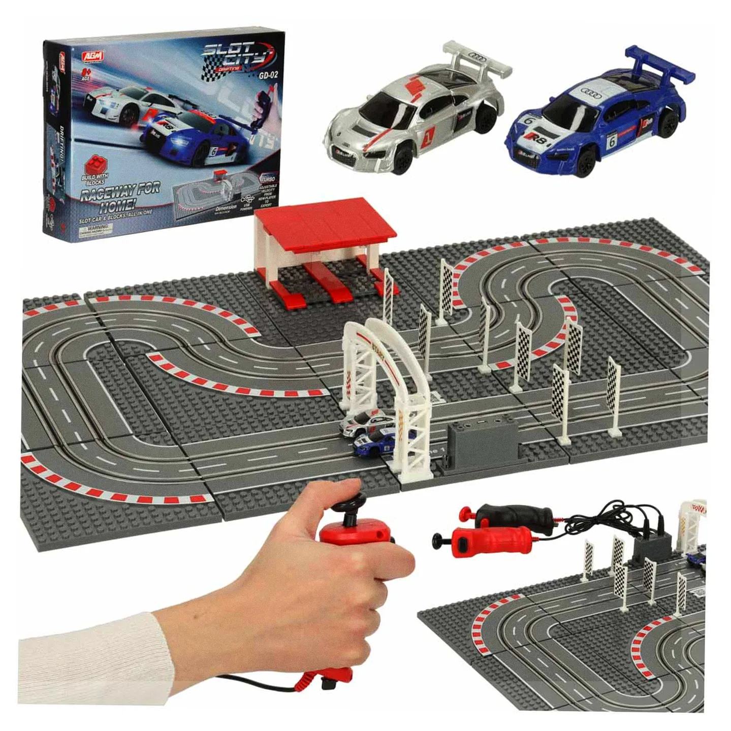 Tor wyścigowy samochodowy elektryczny policyjny 2 auta autka kontrolery zakręty klocki konstrukcyjne GD-02