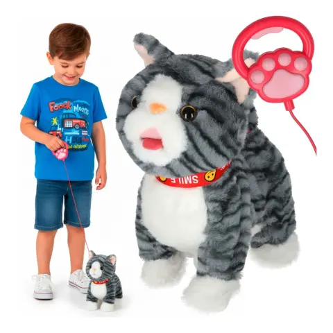 Kotek interaktywny na smyczy miauczy chodzi rusza ogonem szary