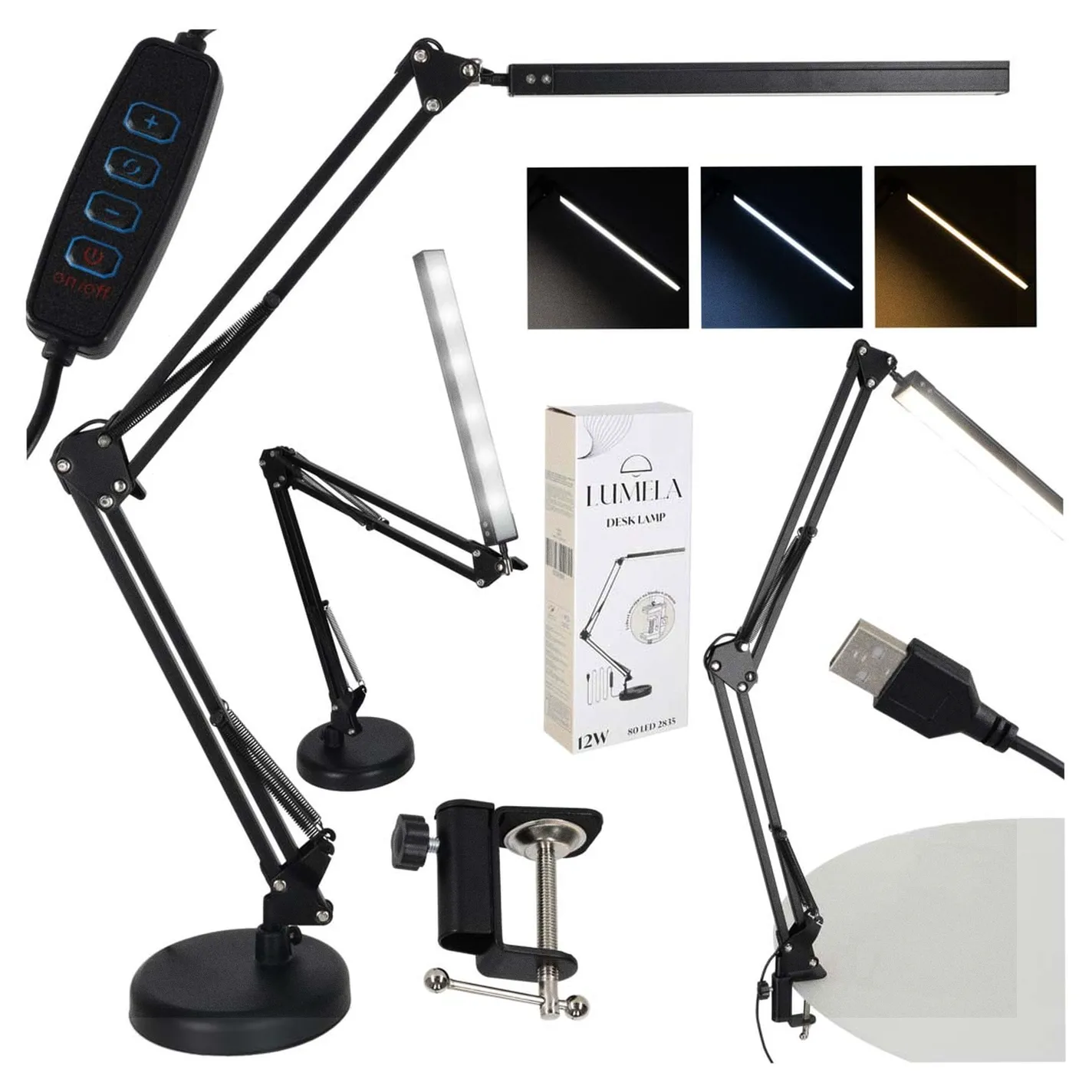 Lampka na biurko biurkowa LED USB obrotowy wysięgnik 2 sposoby mocowania
