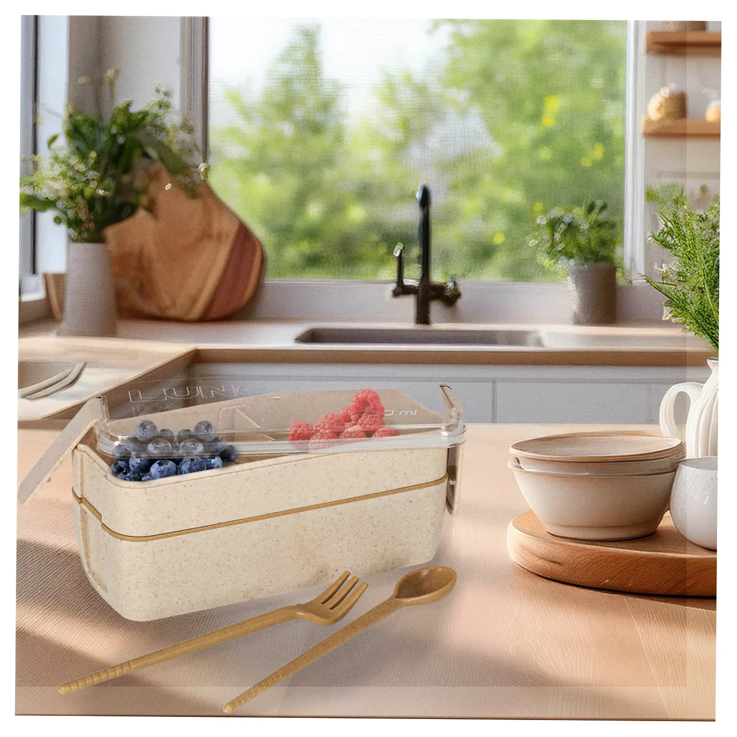 Lunch box śniadaniówka pudełko śniadaniowe z przegródkami dzielone 750ml beżowe - obrazek 11