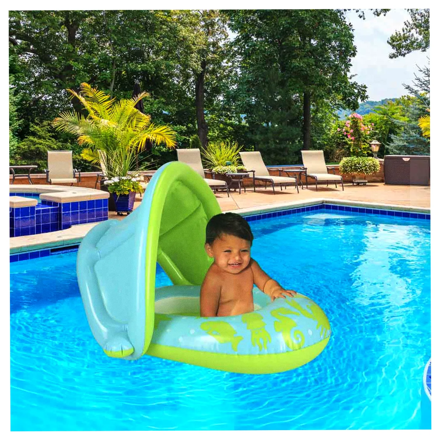 Kółko do pływania koło dmuchane dla niemowląt pontonik z daszkiem BESTWAY 34091 zielone - obrazek 11