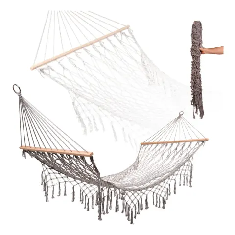 Hamak ogrodowy boho siatka frędzle leżak wiszący makrama 200cm Szary