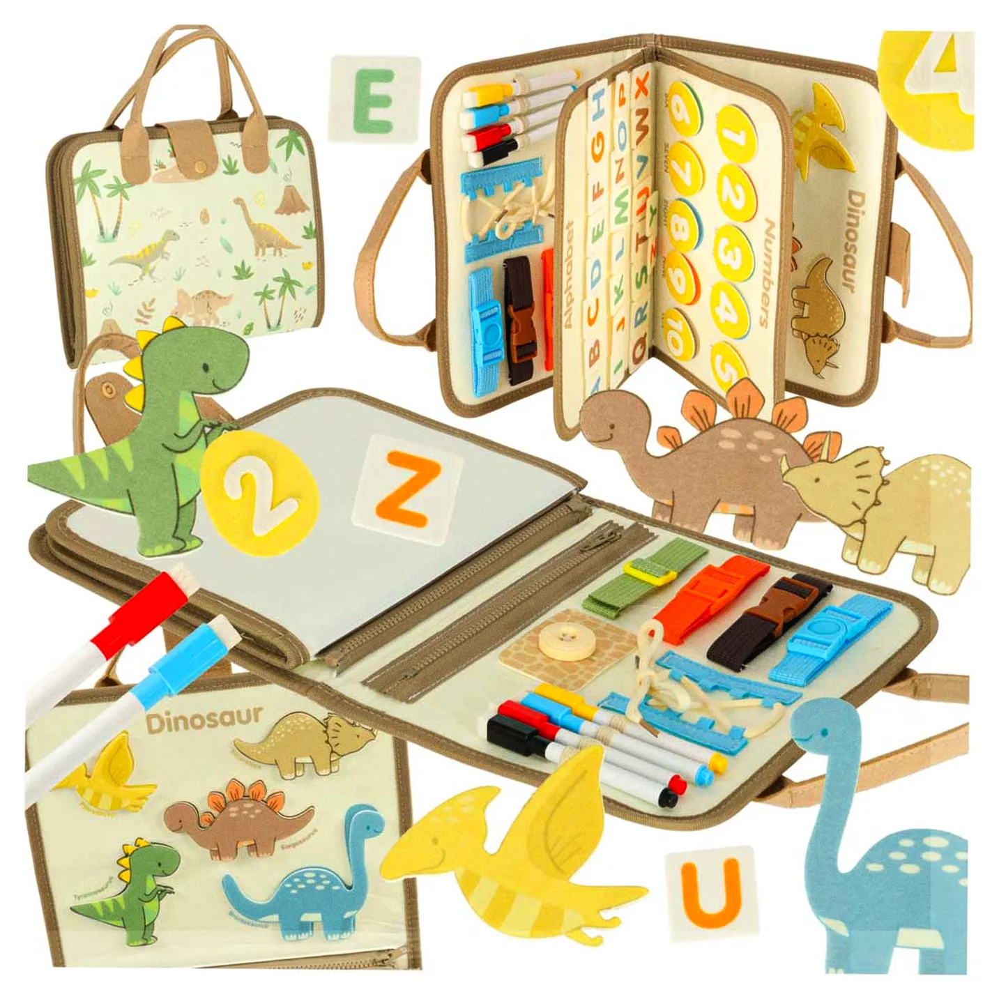 Tablica manipulacyjna sensoryczna montessori walizka dinozaury