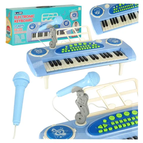 Keyboard dla dzieci pianinko interaktywne organki 37 klawiszy mikrofon statyw niebieski