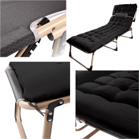 Łóżko polowe LUARO turystyczne składane leżak biznesowy 193 cm czarny