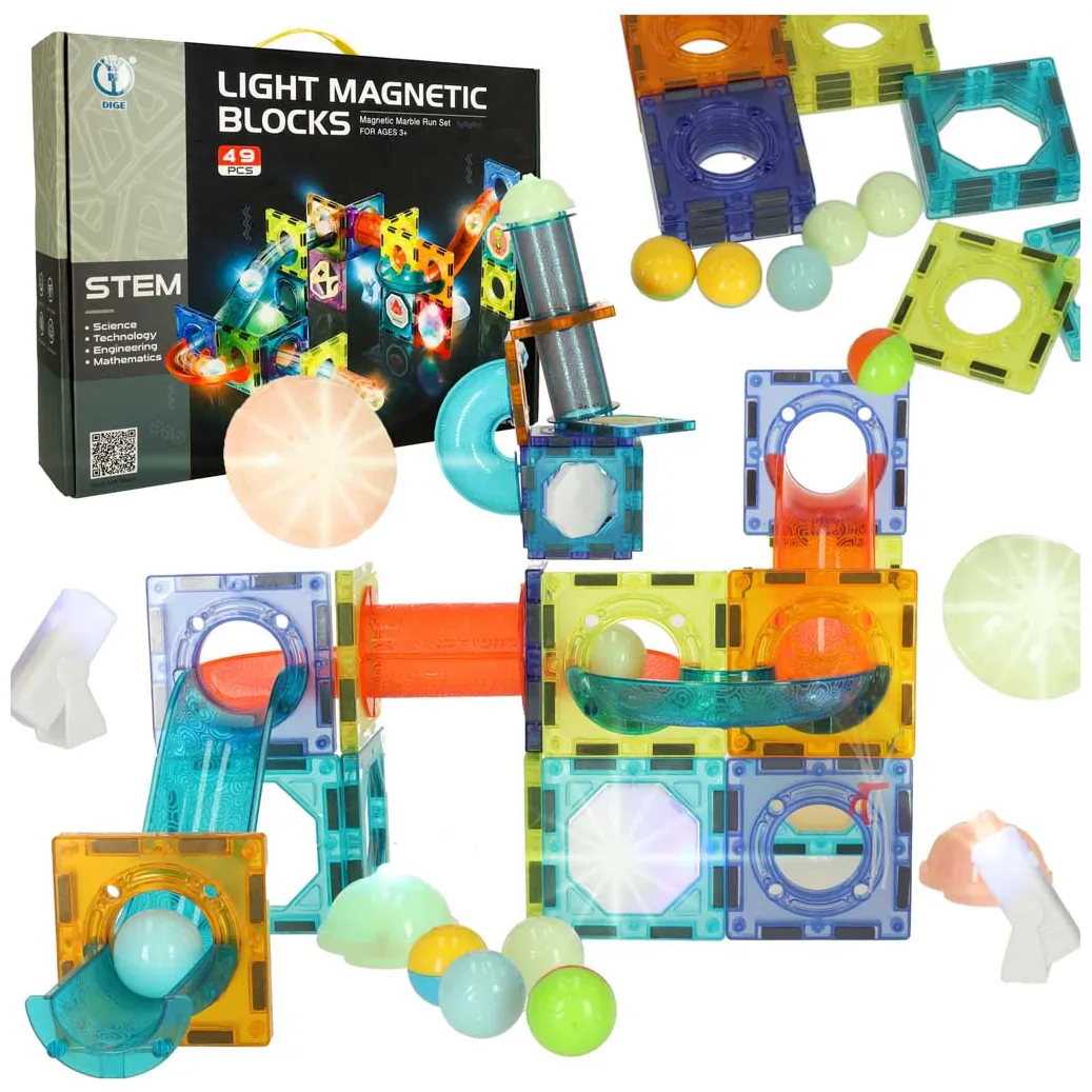 Klocki magnetyczne konstrukcyjne marble tor kulkowy świecący 49 elementów
