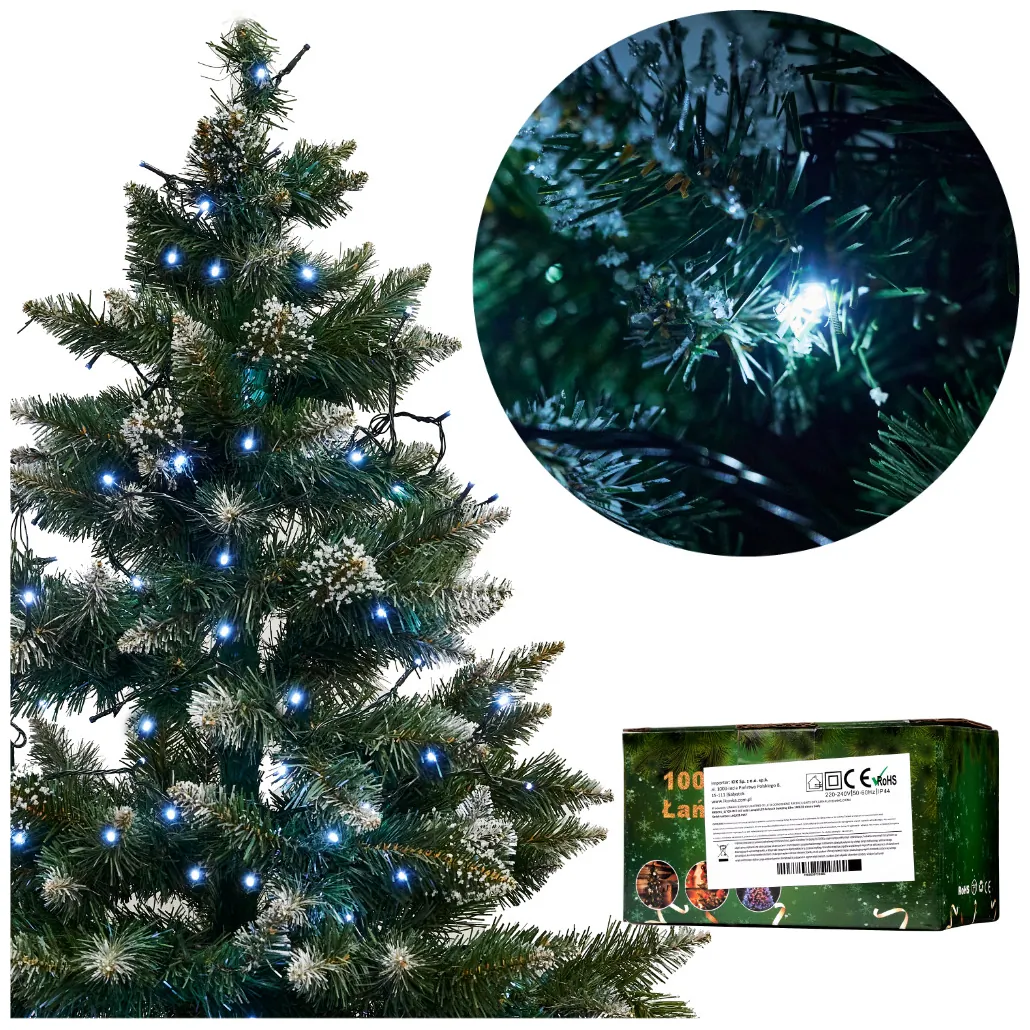 Lampki LED łańcuch świetlny świąteczne choinkowe 10m 100LED zimny biały 8 trybów świecenia