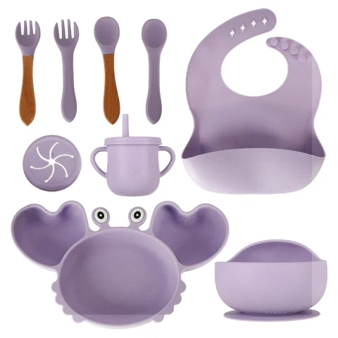 Naczynia silikonowe dla dzieci niemowląt krab zestaw 9 elementów fioletowy