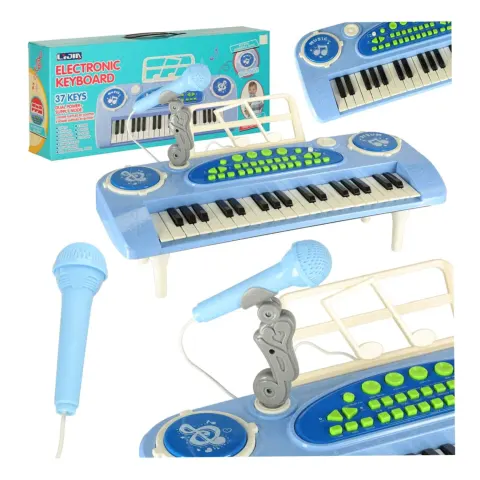 Keyboard dla dzieci pianinko interaktywne organki 37 klawiszy mikrofon statyw niebieski