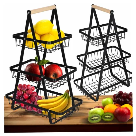 Kosz na owoce i warzywa piętrowy patera trzypoziomowa metal drewno