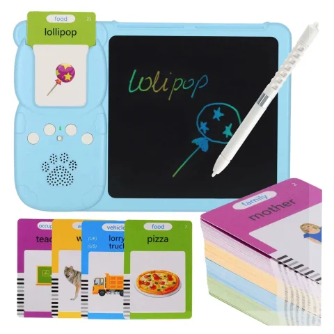 Nauka języka angielskiego czytnik kart do nauki słówek fiszki znikopis niebieski