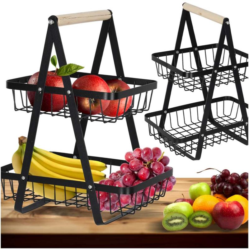 Kosz miska na owoce dwupoziomowy piętrowy metal drewno - obrazek 3