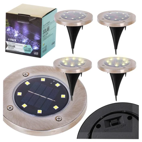 Lampy ogrodowe solarne najazdowe gruntowe czujnik zmierzchu wbijane świecący dysk 8LED 4szt. ciepły biały