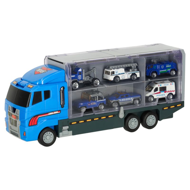 Transporter ciężarówka TIR wyrzutnia + metalowe auta policja - obrazek 3