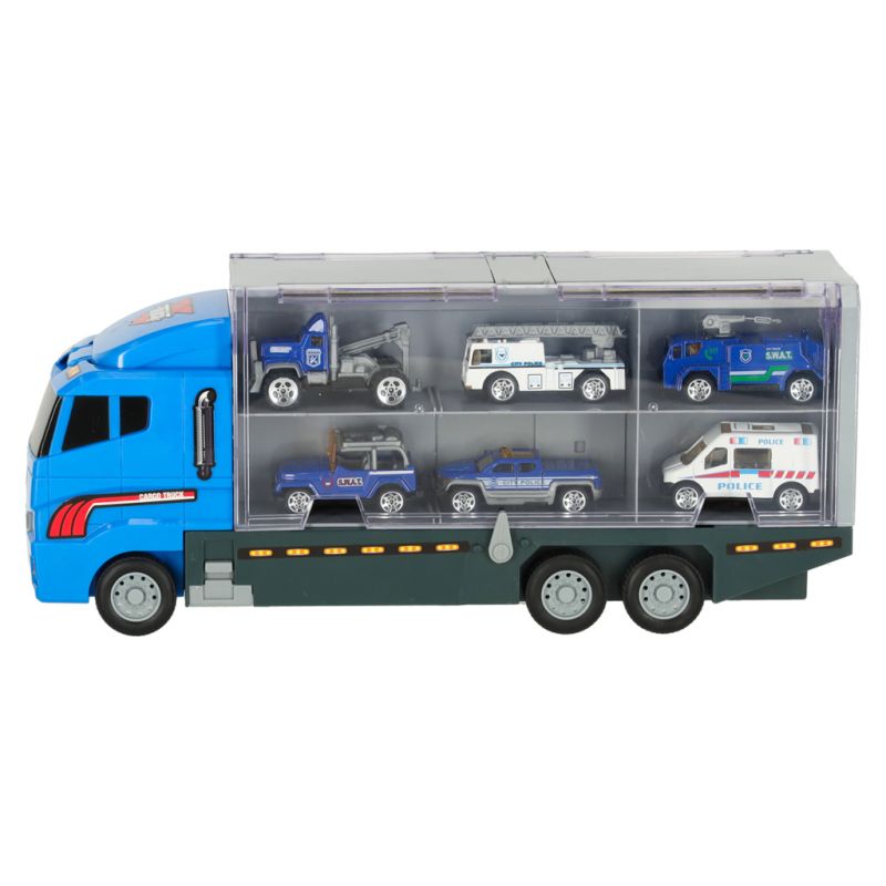 Transporter ciężarówka TIR wyrzutnia + metalowe auta policja - obrazek 4