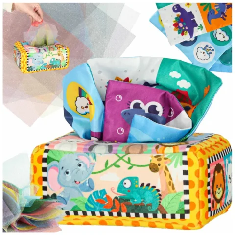 Sorter pudełko z chusteczkami sensoryczne montessori pluszowe cyfry litery