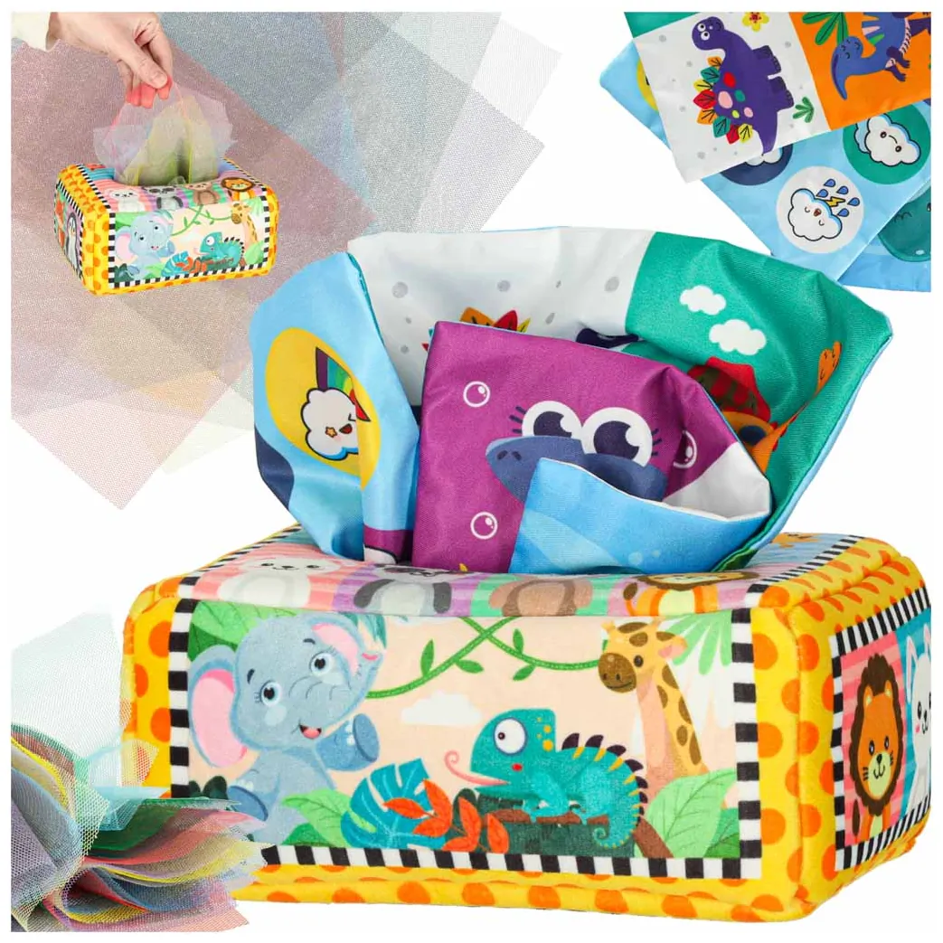 Sorter pudełko z chusteczkami sensoryczne montessori pluszowe cyfry litery
