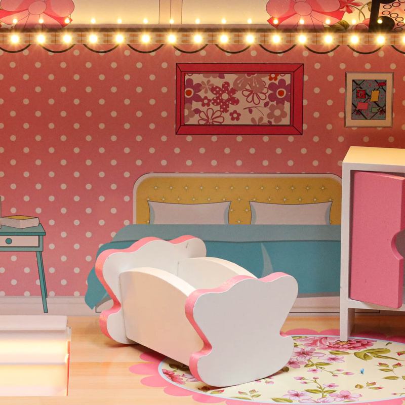 Domek dla lalek drewniany Lulilo Gardeno z ogródkiem mebelki 70cm różowy LED - obrazek 13