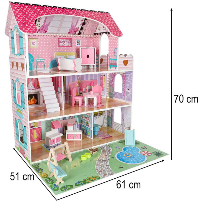 Domek dla lalek drewniany Lulilo Gardeno z ogródkiem mebelki 70cm różowy LED - obrazek 14
