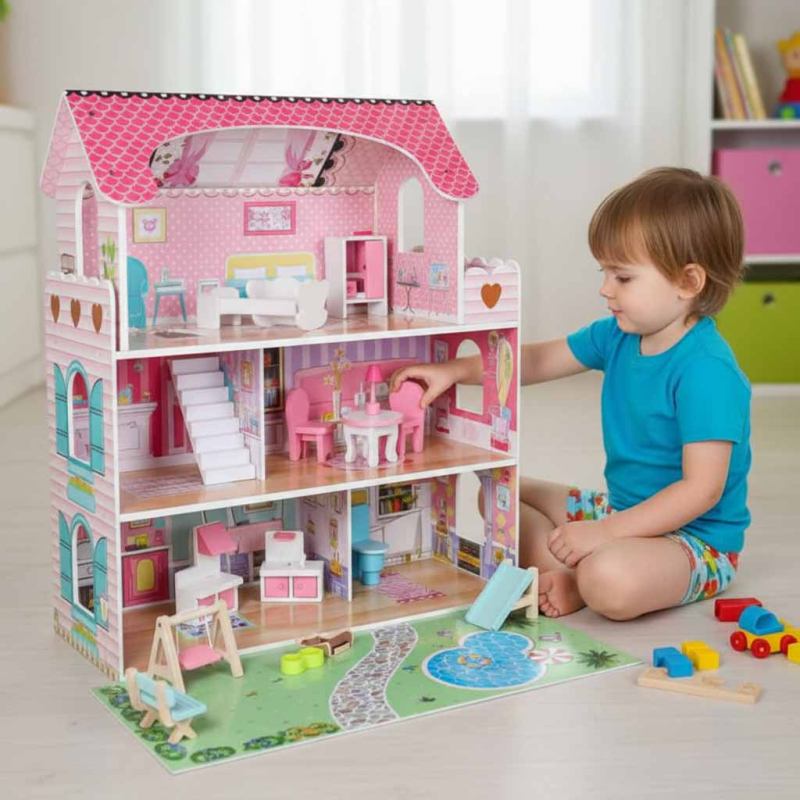 Domek dla lalek drewniany Lulilo Gardeno z ogródkiem mebelki 70cm różowy LED - obrazek 15