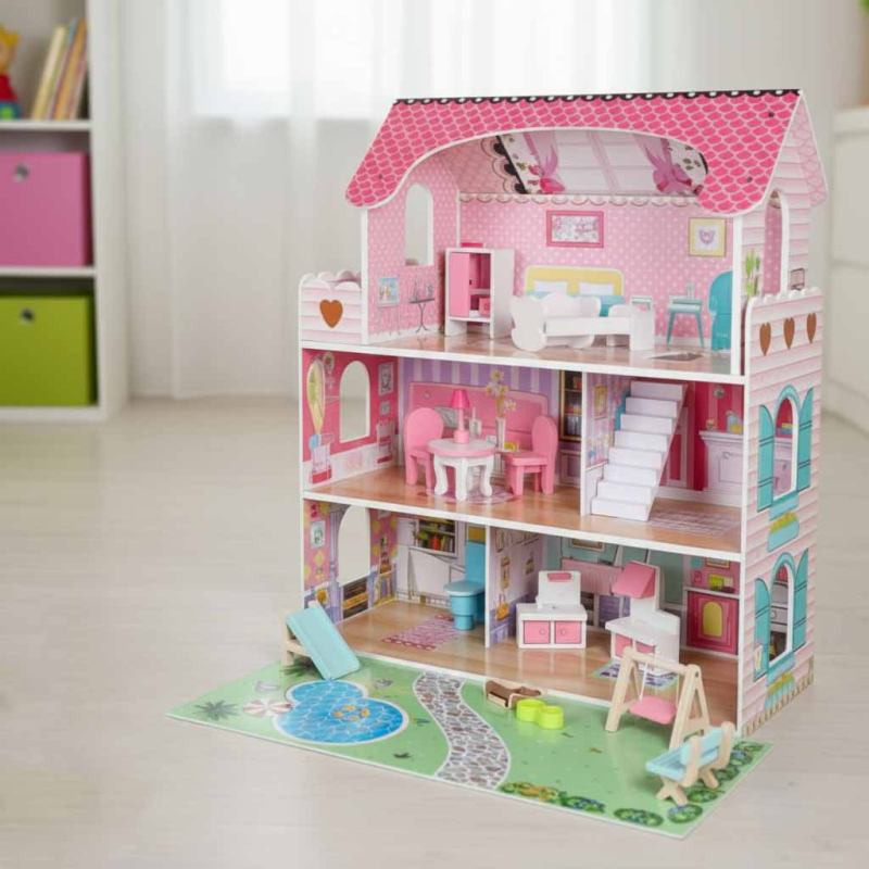 Domek dla lalek drewniany Lulilo Gardeno z ogródkiem mebelki 70cm różowy LED - obrazek 16