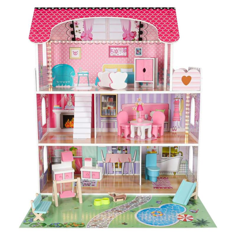 Domek dla lalek drewniany Lulilo Gardeno z ogródkiem mebelki 70cm różowy LED - obrazek 3