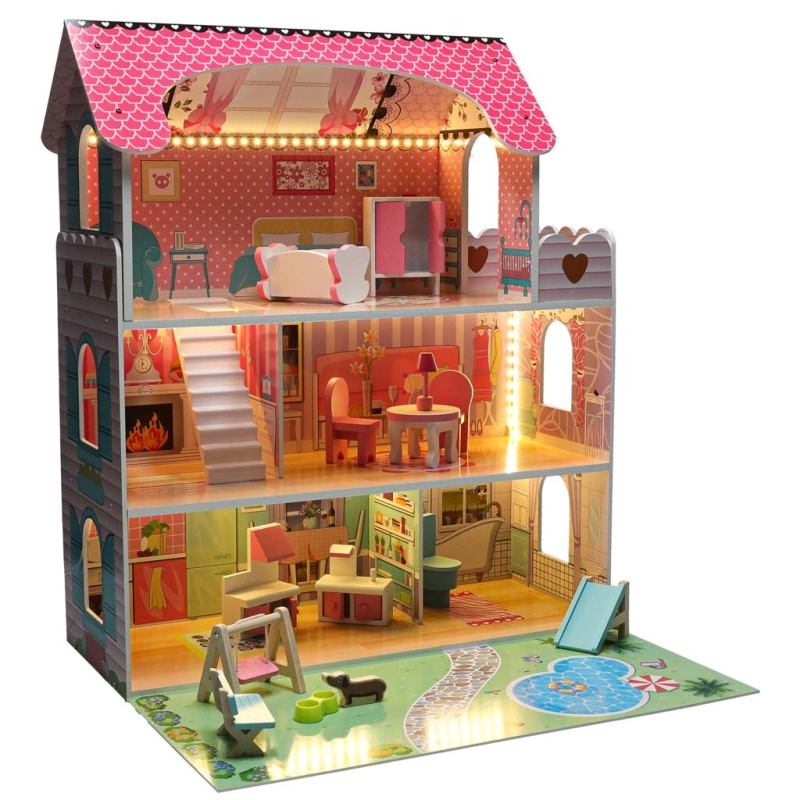 Domek dla lalek drewniany Lulilo Gardeno z ogródkiem mebelki 70cm różowy LED - obrazek 5