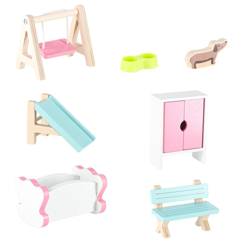 Domek dla lalek drewniany Lulilo Gardeno z ogródkiem mebelki 70cm różowy LED - obrazek 6