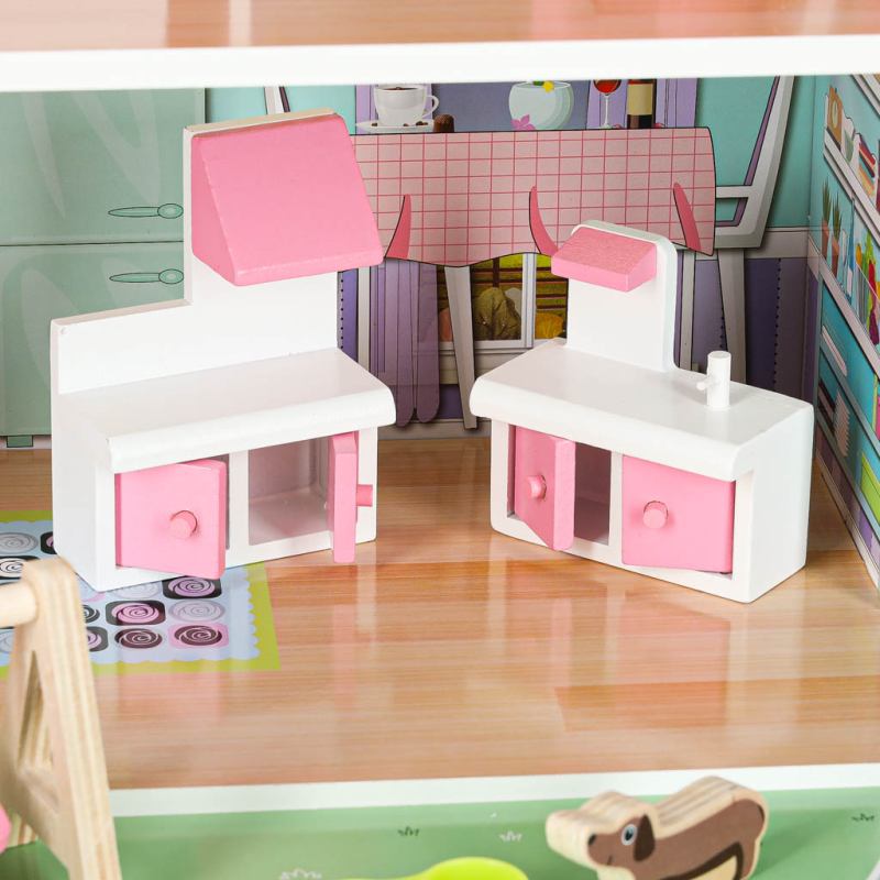 Domek dla lalek drewniany Lulilo Gardeno z ogródkiem mebelki 70cm różowy LED - obrazek 10