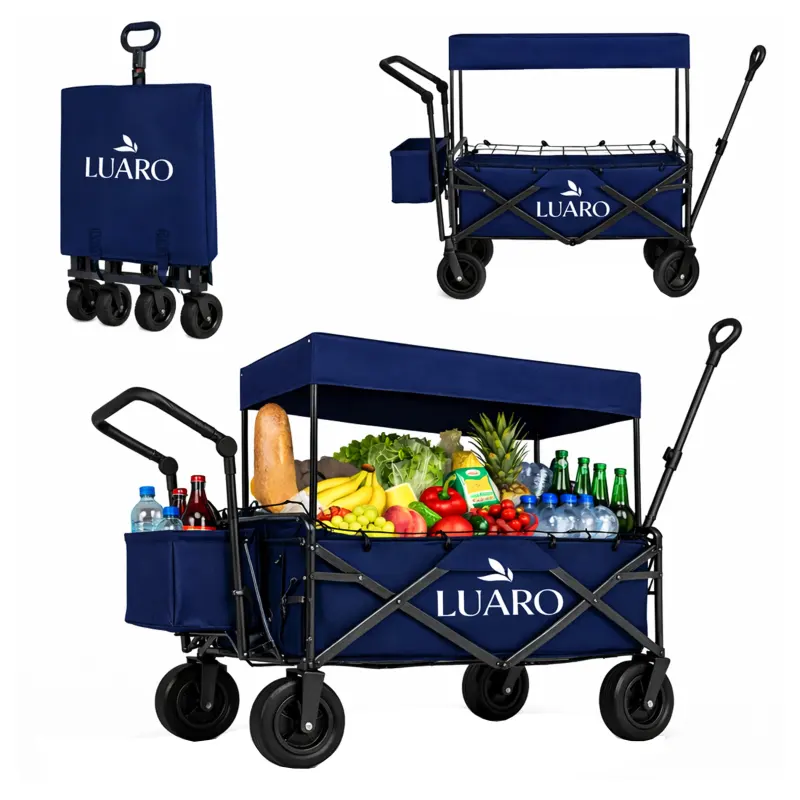Wózek transportowy LUARO plażowy składany z daszkiem i siatką granatowy - obrazek 9