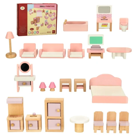 Mebelki do domku dla lalek salon sypialnia łazienka kuchnia drewniane różowe