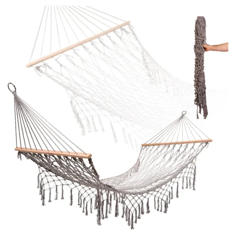 Hamak ogrodowy boho siatka frędzle leżak wiszący makrama 200cm Szary