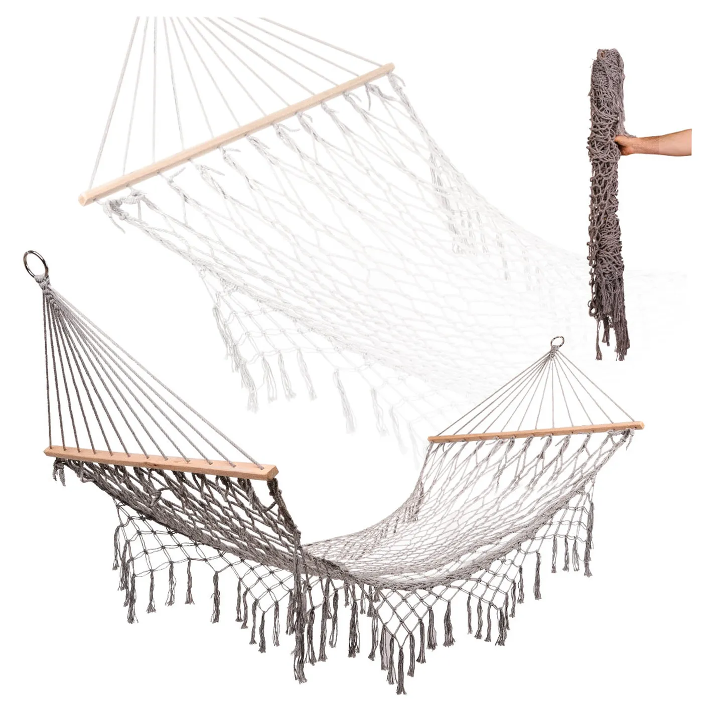 Hamak ogrodowy boho siatka frędzle leżak wiszący makrama 200cm Szary