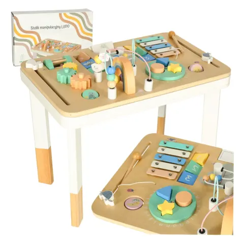 Tablica manipulacyjna LULILO LUDO stolik drewniany sensoryczny 2w1 miętowy