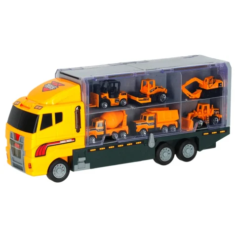 Transporter ciężarówka TIR wyrzutnia + metalowe auta maszyny budowlane