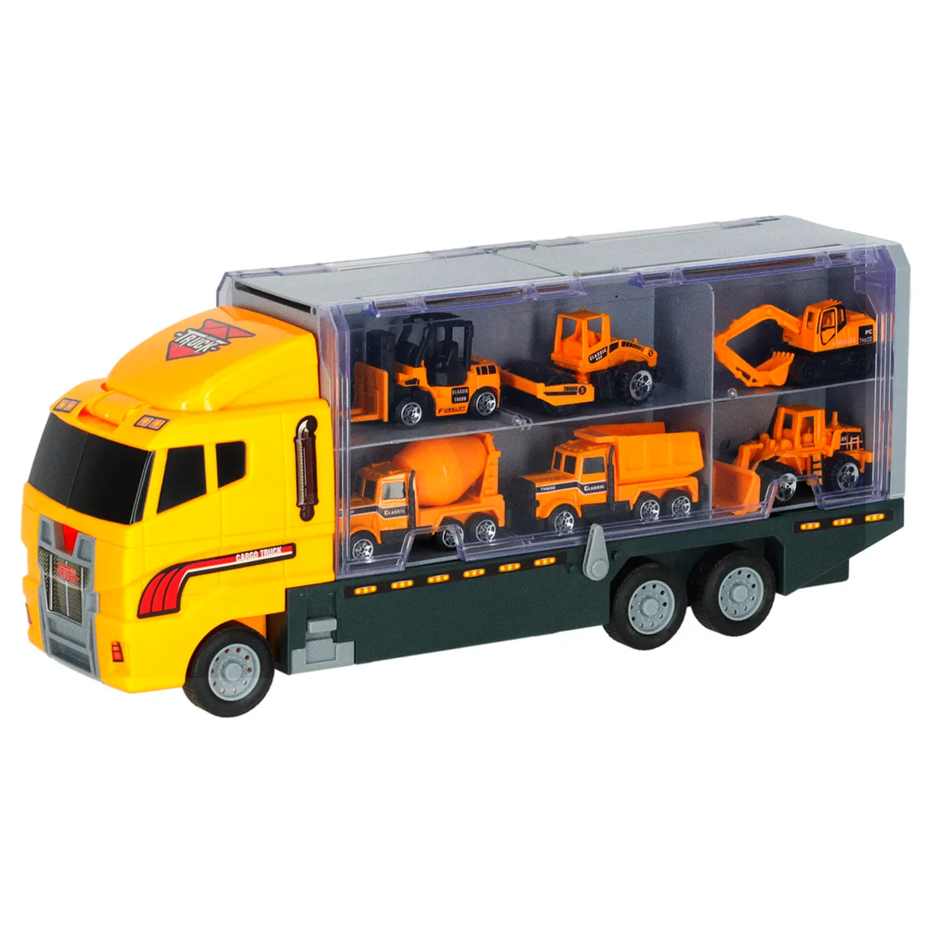 Transporter ciężarówka TIR wyrzutnia + metalowe auta maszyny budowlane