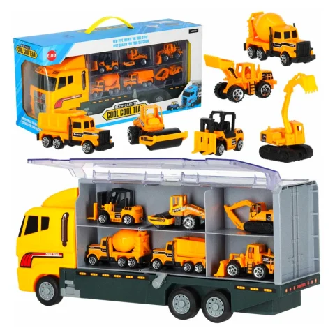 Transporter ciężarówka TIR wyrzutnia + metalowe auta maszyny budowlane