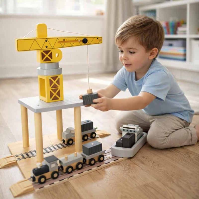 Dźwig drewniany żuraw port morski + statek auta - obrazek 9