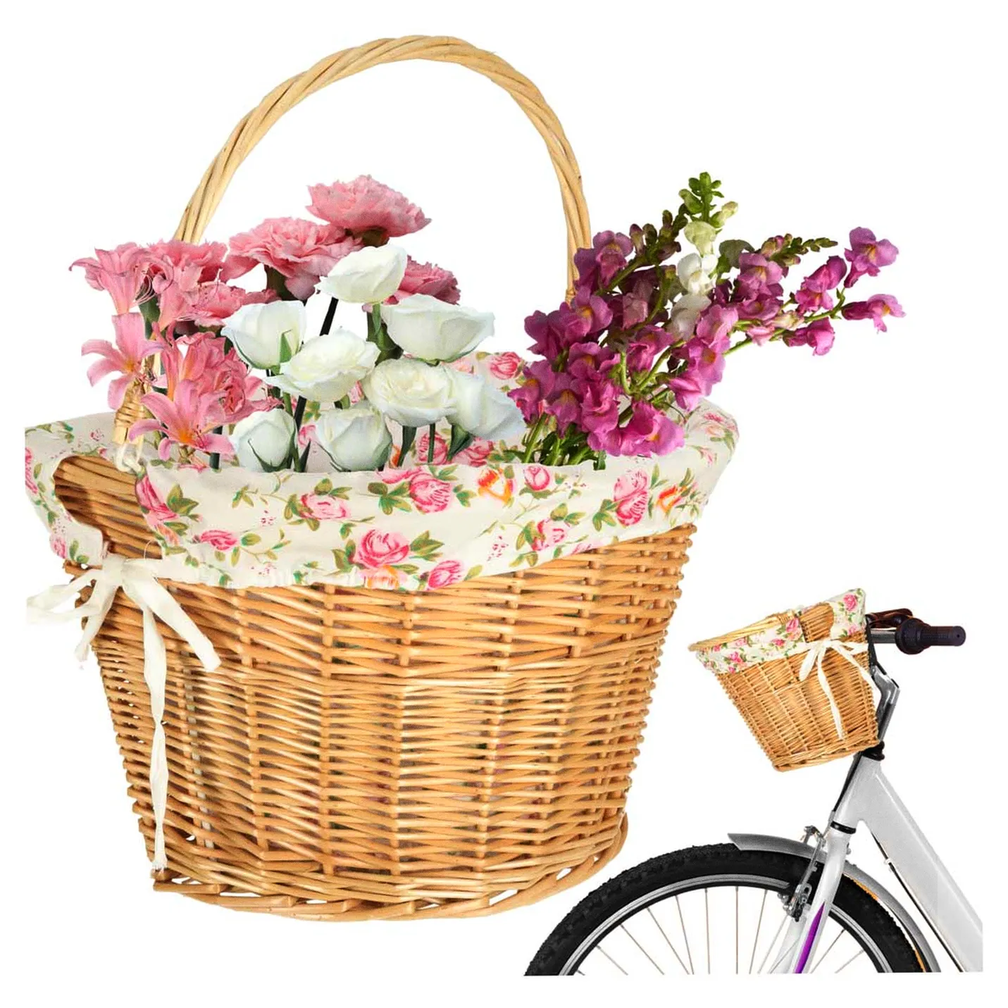 Koszyk rowerowy wiklinowy na rower RALLEX przedni pleciony click w kwiaty - obrazek 11