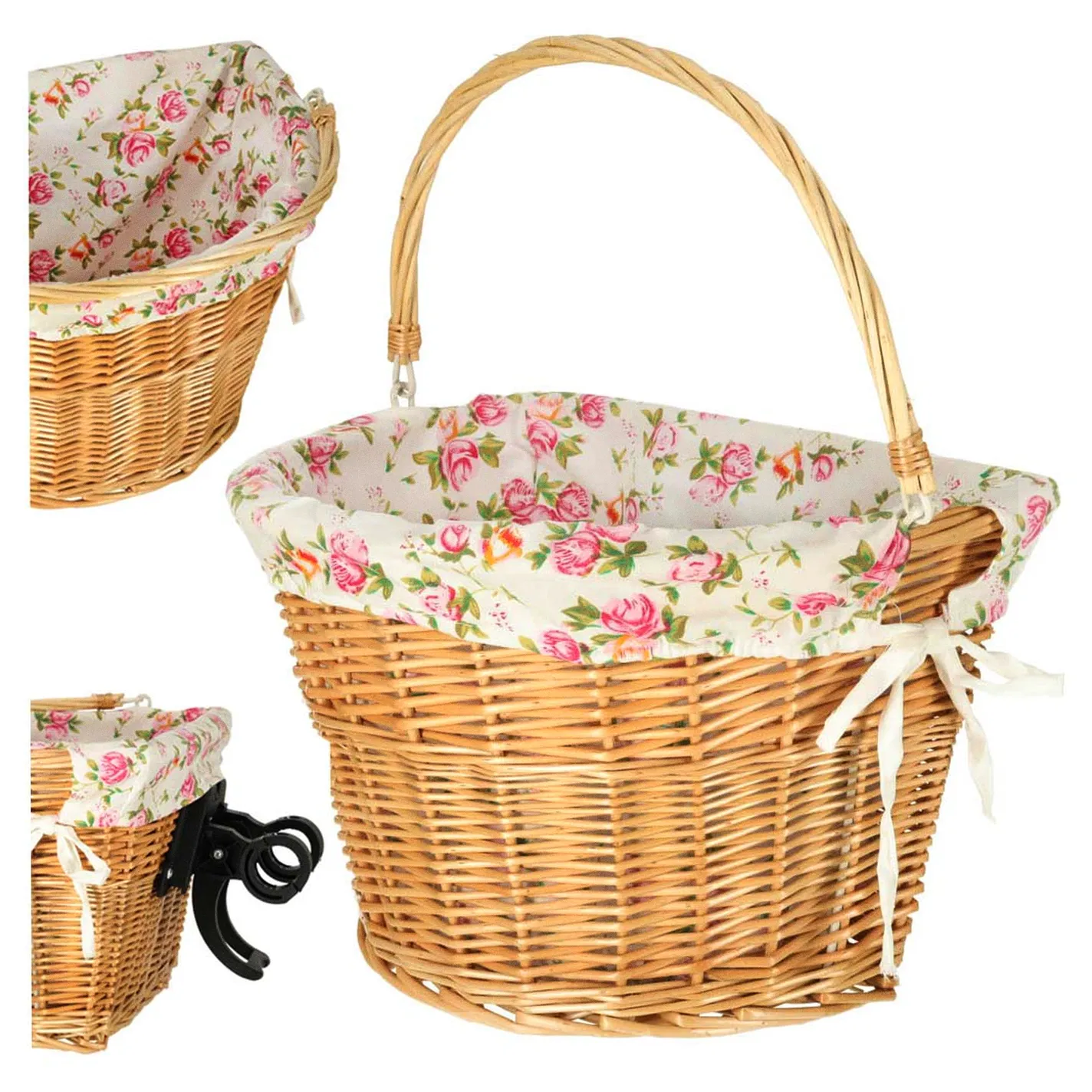 Koszyk rowerowy wiklinowy na rower RALLEX przedni pleciony click w kwiaty - obrazek 10