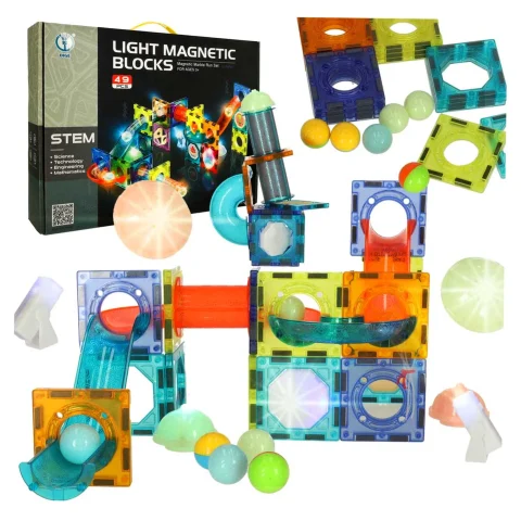 Klocki magnetyczne konstrukcyjne marble tor kulkowy świecący 49 elementów