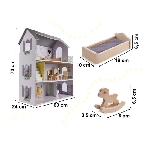 Domek dla lalek drewniany mebelki 70cm szary