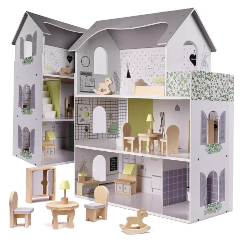 Domek dla lalek drewniany mebelki 70cm szary