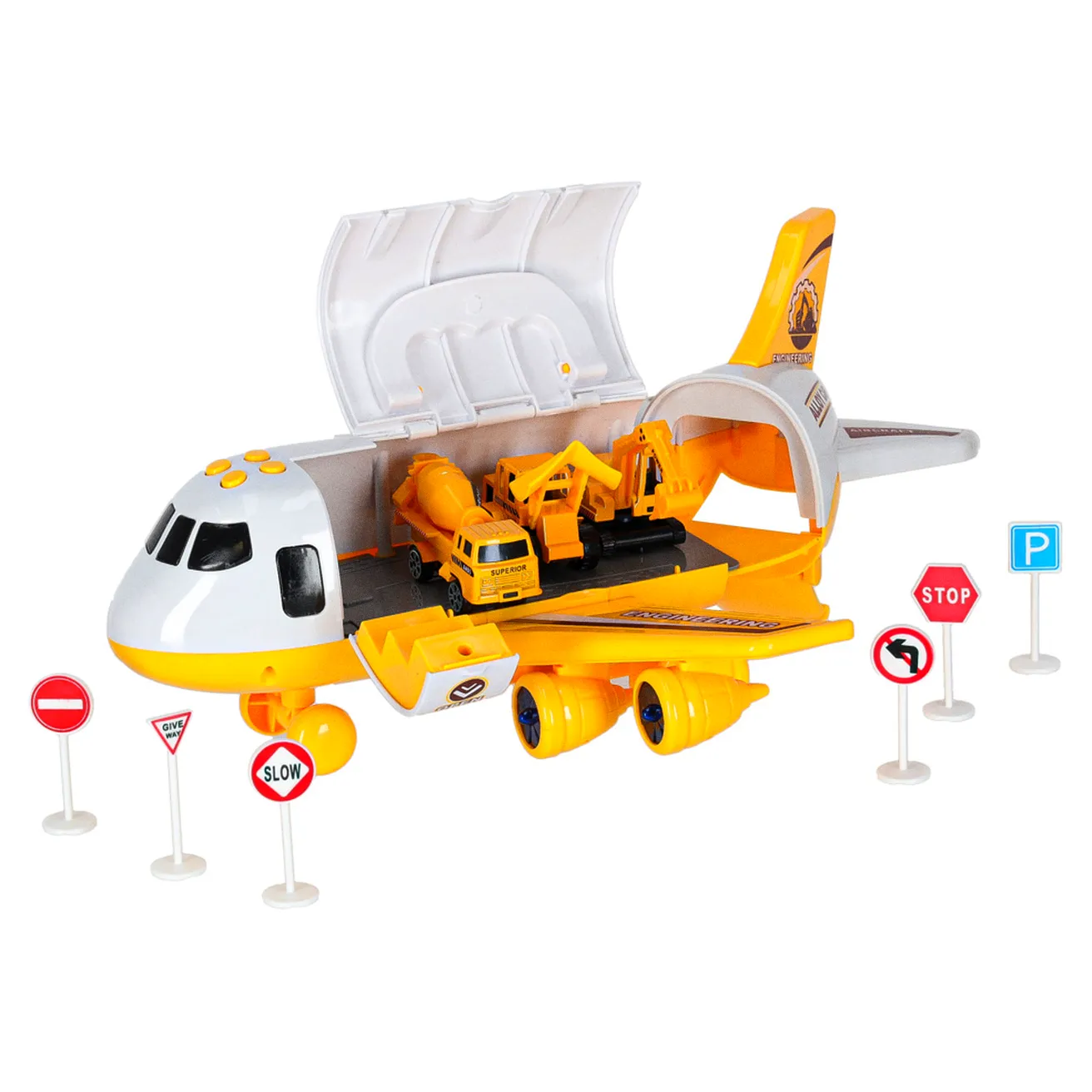 Transporter samolot rozkładany z autami + 3 auta pojazdy budowlane światła dźwięk - obrazek 5