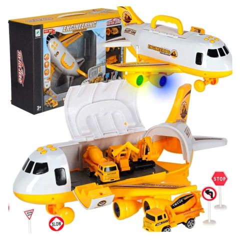 Transporter samolot rozkładany z autami + 3 auta pojazdy budowlane światła dźwięk